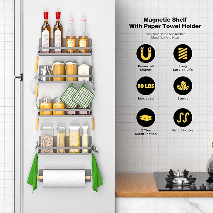 Magnetic Spice Rack for Refrigerator Moveable Magnetic Shelf Organizer Kitchen Seasoning Jars Storage Rack Fridge Magnet Organizer,Grey,4 Packs
