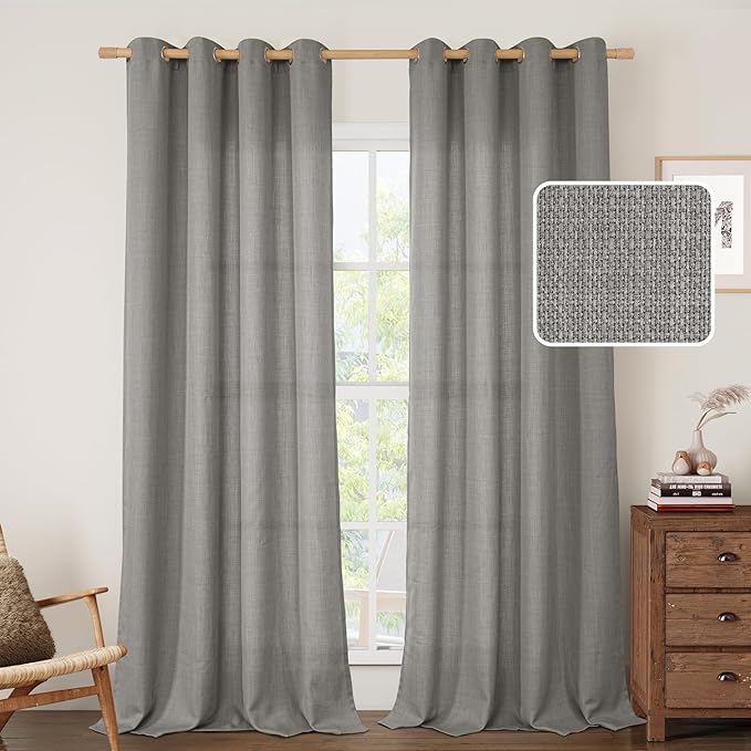 Grey Semi Sheer Linen Curtains 90 Inch Long by LAMIT