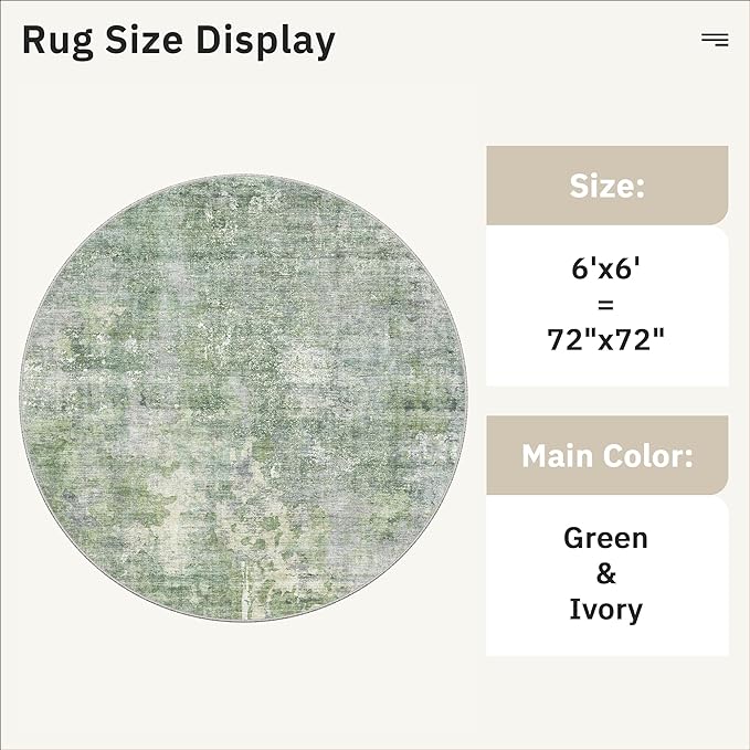 6x6 Green/Ivory Round Rug 6ft Living Room Circle Rug Vintage Round Area Rug Non - Image 5