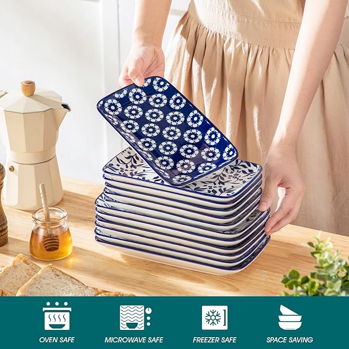 vancasso Selene 8.5 Inch Rectangular Salad Plates Set of 6, Ceramic Salad Plates for Sushi, Dessert, Appetizer, Porcelain Platters for Kitchen Decor, Microwave & Oven Safe, Vintage Blue & White Color