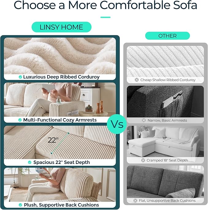 LINSY HOME Sectional Sleeper Sofa with Pull Out Couch Bed - Convertible Plush Corduroy Cloud Couches with Storage Chaise & USB Charging, Comfy Modular Couch for Living Room, Beige