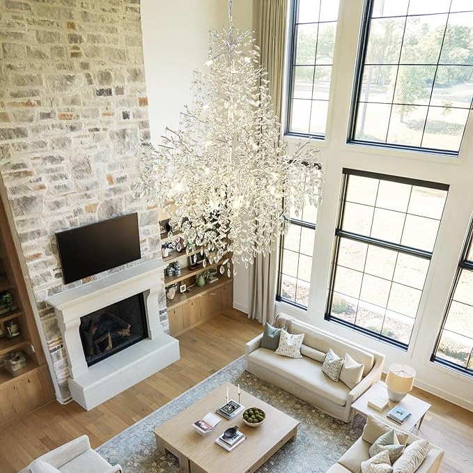 H65'' Silver Tree Branch Crystal High Ceilings Chandeliers,Modern Crystal Staircase Chandeliers, D48'' Foyer Chandelier for High Ceiling, Luxury Large Living Room Chandelier, 27-Lights