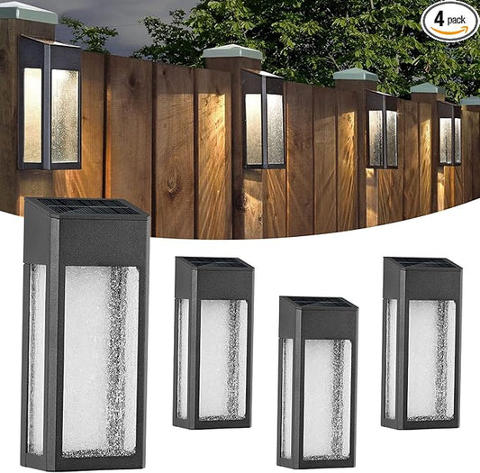 Solar Outdoor Lights, Metal Seeded Glass Fence Lights, Auto On/Off Waterproof Wall Lights,Warm/Color Changing Light Solar Lights for Wall Fence Patio Yard Porch Garden Decor,4 Pack