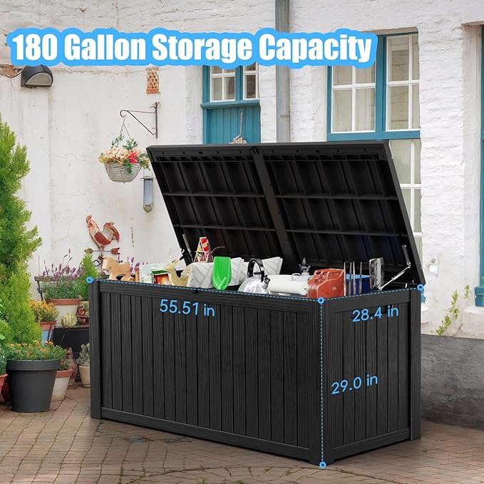 DRATO 180 Gallon Deck Box, Waterproof Resin Large Outdoor Storgae Box for Patio Furniture, Patio Cushions, Gardening Tools, Pool and Sports Supplies, Lockable