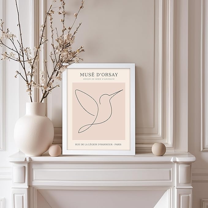 Poster Master Vintage Poster - Retro One Line Hummingbird Drawing Print - Bird Line Art - Minimal Gift for Him, Her, Animal Lover - Abstract Decor for Home, Office, 8x10 White Framed