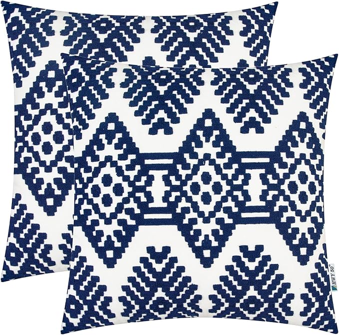 HWY 50 Navy Blue Decorative Throw Pillow Covers 18x18 Inch, Pack of 2 Embroidered Cotton Farmhouse Cushion Cover Pillow Case for Sofa Couch Living Room Bed Bedroon, Diamond Geometric Design