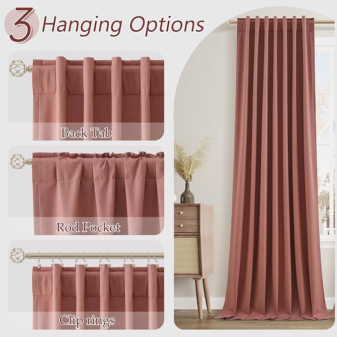 Dusty Rose 100% Blackout Linen Curtains 108 Inch Length 2 Panels Set - Image 6