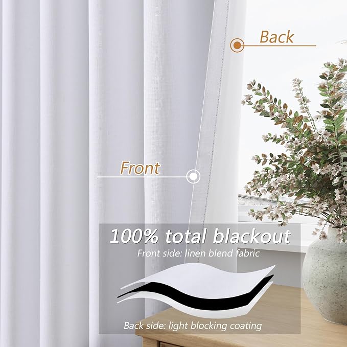 Guken White 100% Blackout Linen Curtains 54 Inch Length 2 Panels Set - Image 3