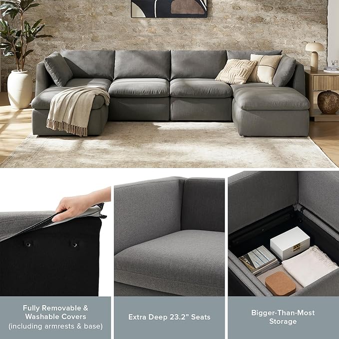 mopio Oversized Modular Sectional Sofa with Fully Removable Covers and Storage, Convertible U, L-Shaped and Sleeper Sectional, Modern Couches with Ottoman Chaise (Stone Gray Fabric, 5 Seats, L)