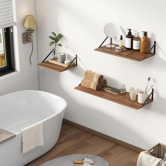 Deep Floating Shelves, 12 Inch Deep Floating Shelves for Wall, 24"W x 12"D Wall Shelves for Books, Large Rustic Wooden Shelf, Wide Display Shelf for Bathroom, Living Room, Walnut Color, Set of 2