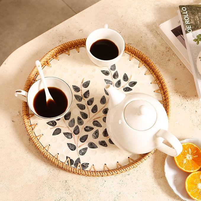 Round Rattan Tray with Mother of Pearl Inlay & Wooden Base - Decorative Wicker Serving Tray for Coffee/Bread/Fruits, Food Storage & Display - Multipurpose Home Decor (L,Little Tree)