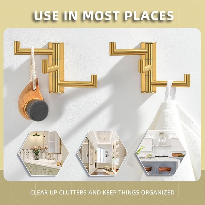 Angle Simple Towel Hooks Swivel, SUS 304 Stainless Steel 3 Arms Foldable Hand Towel Holder, Coat Hooks, Brushed Gold, 2 Pack