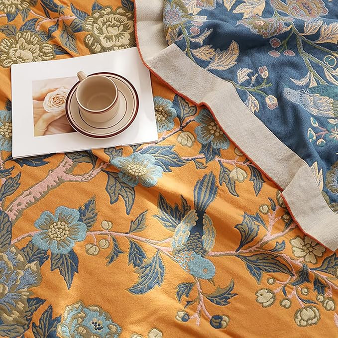 Boho Muslin Blanket for Adults 4-Layer Gauze 80 x 90 Inches Soft Cozy 100% Cotton Summer Cooling Blanket Floral Decor for Sofa Bed Coverlet Both Sides (Flowr Branch Orange, 80 x 90 in)