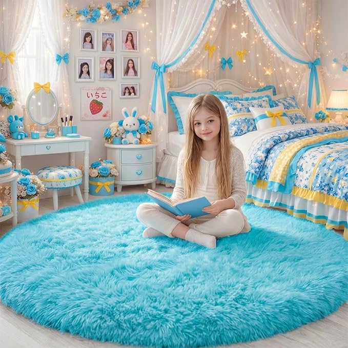 Amdrebio Blue Large Fuzzy Round Circle Area Rug 6Ft by Amdrebio