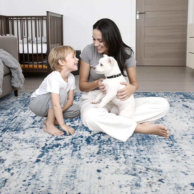 2.6x10 Washable Runner Rug:Modern Abstract Indoor Soft Carpet Blue | - Image 8