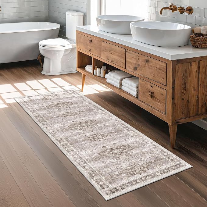 Hazo Haus Boho Bathroom Rug 2x5 Runner, Neutral Farmhouse Kitchen Rugs by HazoHaus
