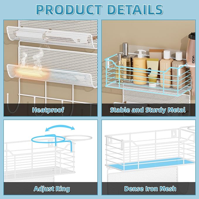 VITVITI Metal Hair Tool Organizer Wall Mount, Hair Dryer Holder with 4 Tier Shelf Basket Hooks, Bathroom Hairs Styling Tool Organizer for Curling Iron/Blow Dryer/Straightener, White