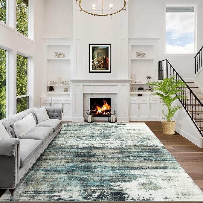 5x7 Area Rugs for Living Room: Washable Abstract Teal Green Badroom Carpet | by GENTDRIZZ