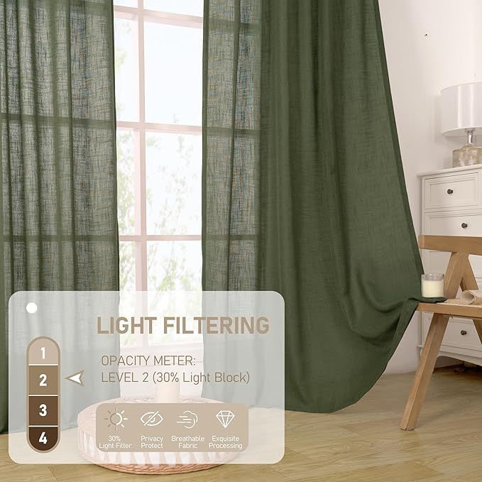 Olive Green Semi Sheer Linen Curtains - Image 4