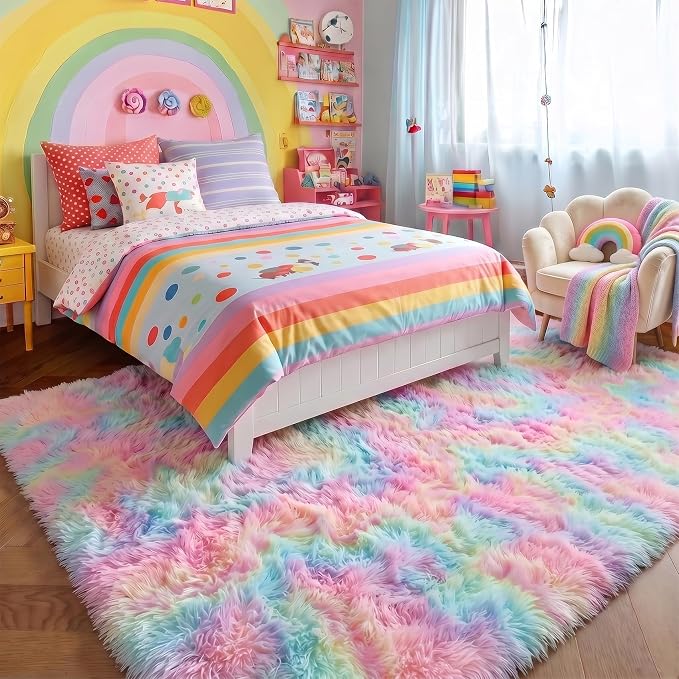 Amdrebio Rainbow Unicorn Large Fuzzy Rug 8x10 - Image 3