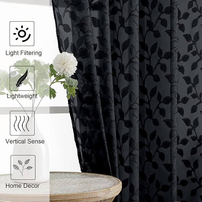 Chyhomenyc Black Sheer Curtains 96 Inch Length 2 Panels Set, Light Filtering - Image 6