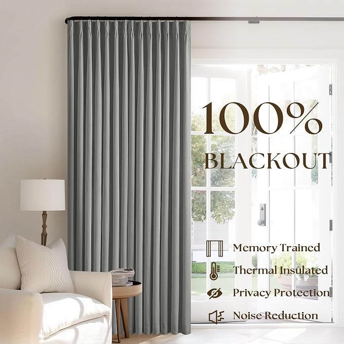 Grey Pinch Pleated 100% Blackout Linen 80 Inch Window Curtains 2 Panels Set | - Image 3
