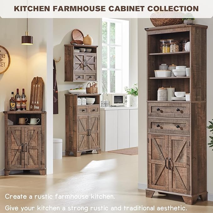 Bathroom Wall Cabinet, Farmhouse 24" Wide Medicine Cabinet with Drawer, Adjustable Shelf, Double Barn Doors, Storage Cabinets for Bathroom, Kitchen, Living Room, Rustic Brown