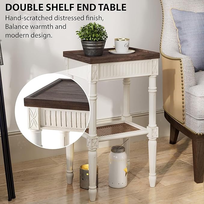 Rustic Farmhouse Cottagecore Accent End Table, Distressed Accent Side Table with Espresso Tray Top and Woven Wicker Shelf, Boho, French Country Decor, Square, Weathered Brown & White