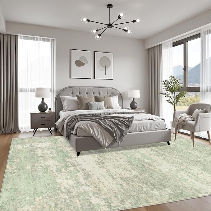 10x14 Area Rug Living Room: Modern Washable Soft Carpet Green Cream | - Image 3