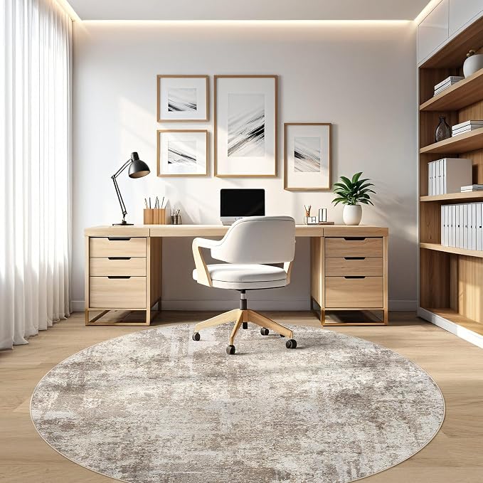LOONGRUG Round Rug 5x5 Washable Neutral Modern Circle Area Rug Brown Beige | - Image 7