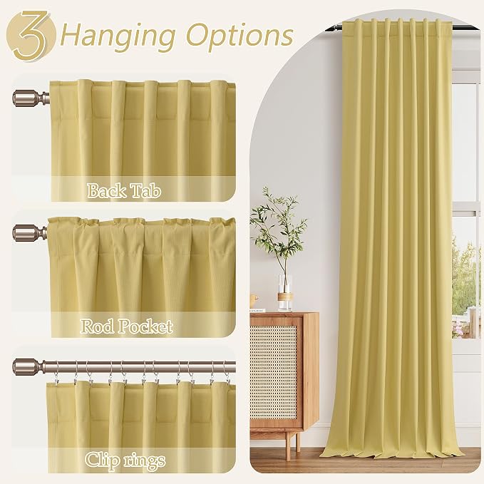 Guken Yellow 100% Blackout Linen Curtains 96 Inch Length 2 Panels Set - Image 6