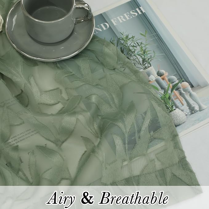 Lecloud Leia Sheer Sage Green Kitchen Curtains 36 Inch Length 2 Pcs, Jacquard - Image 2