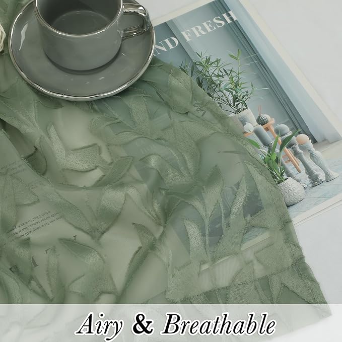 Lecloud Leia Sage Green Sheer Kitchen Curtains 24 Inch Length 2 Pcs, Jacquard - Image 2