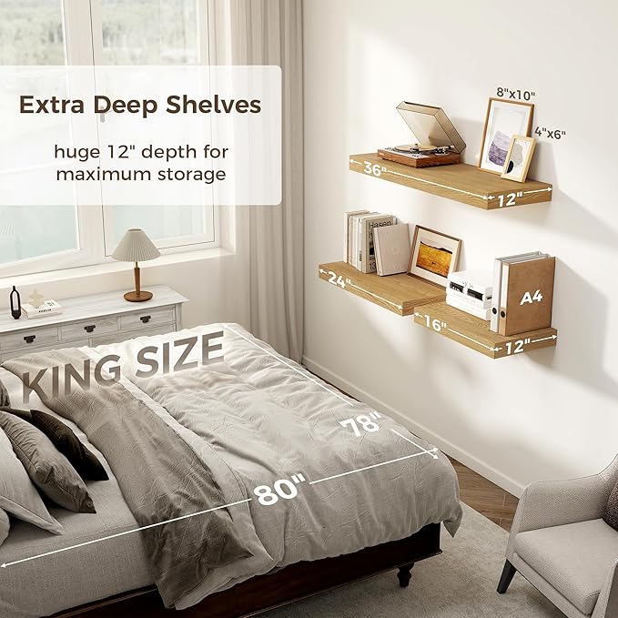 12 Inch Deep Floating Shelves, 24 x 12 Floating Shelf for Books, Rustic Wood Deep Wall Shelves for Home Storage & Display, 2" Thicked Shelves for Kitchen, Living Room, Bedroom, Oak Color, 2 Pack