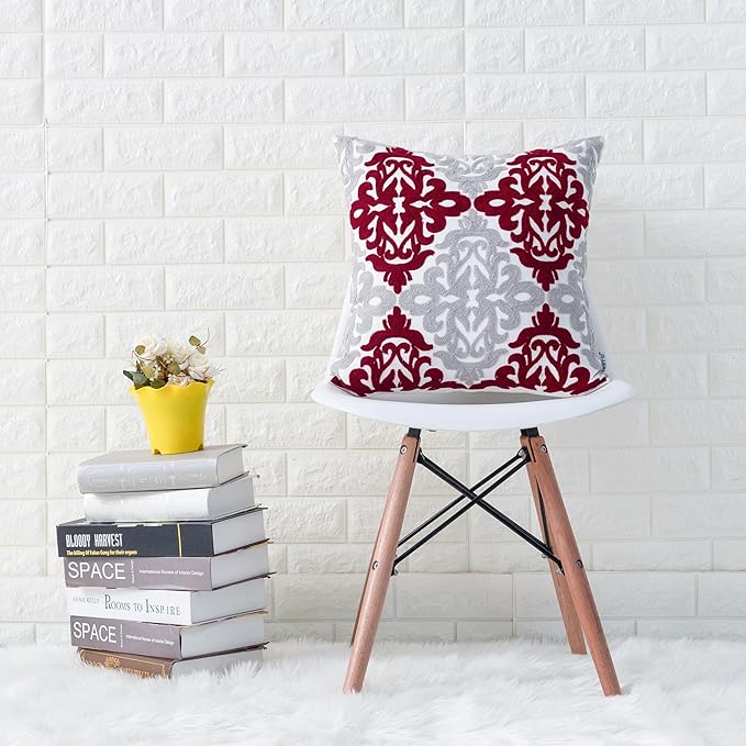 HWY 50 Burgundy Red Decorative Throw Pillow Covers 18x18 Inch, Pack of 2 Embroidered Cotton Farmhouse Cushion Cover Pillow Case for Sofa Couch Living Room Bed Bedroon, Accent Geometric