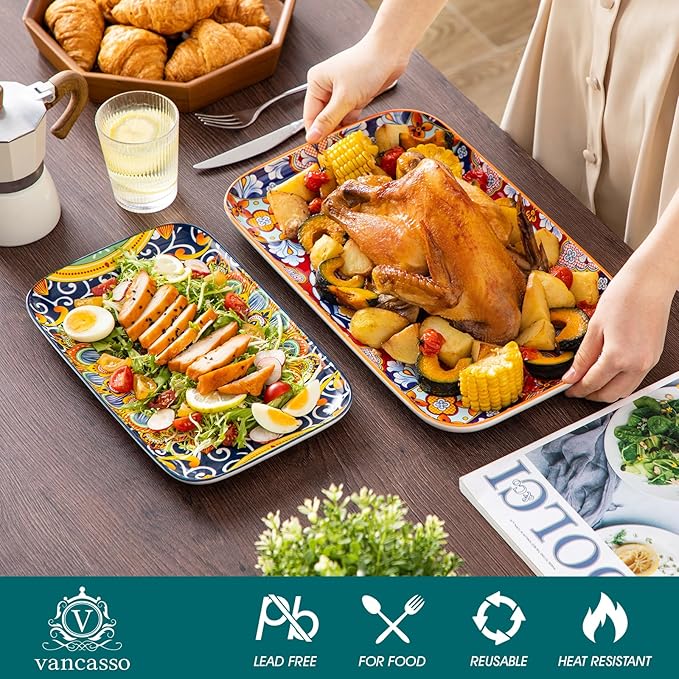 vancasso Serving Platters Set of 3, 16"/14"/12" Inch Rectangular Trays - Serving Platter Extra Large, Bohemian Ceramic Serving Dish for Entertaining Food, Microwave & Dishwasher Safe, Colorful