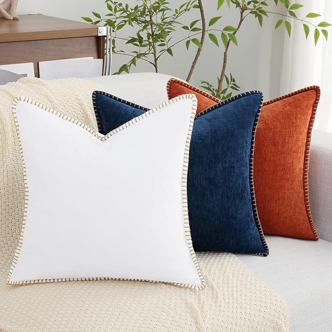 decorUhome Chenille Soft Throw Pillow Covers 26x26 Set of 2, Farmhouse Velvet Neutral Decorative Euro Pillow Covers with Stitched Edge for Couch Sofa Bed Home Decor, White