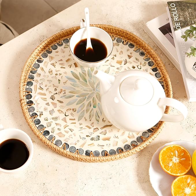 Round Rattan Tray with Mother of Pearl Inlay & Wooden Base - Decorative Wicker Serving Tray for Coffee/Bread/Fruits, Food Storage & Display - Multipurpose Home Decor (M,Fish Scales)