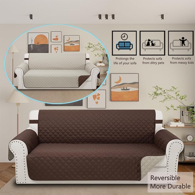 Reversible Couch Cover for 3 Cushion, Chocolate/Beige | Couch Cover for Sofa - Image 2