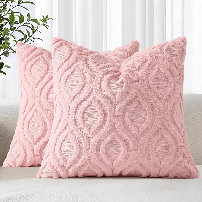 decorUhome Throw Pillow Covers 18x18 Inch Set of 2, Soft Plush Faux Wool Pink by decorUhome