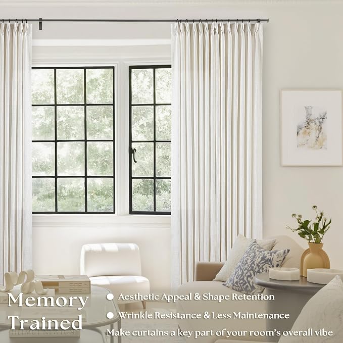 Cream Ivory Linen Curtains 80 Inches Long 2 Panels Pinch Pleated Natural | - Image 2