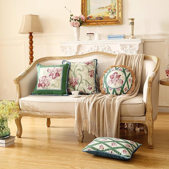 patdrea Designer Throw Pillow Covers Set of 4,French Elegant Green Linen with Iris Floral Collection Pattern Pillow Covers,Decorative Lumbar Square Round Pillowcases Cushion for Bed Living Room