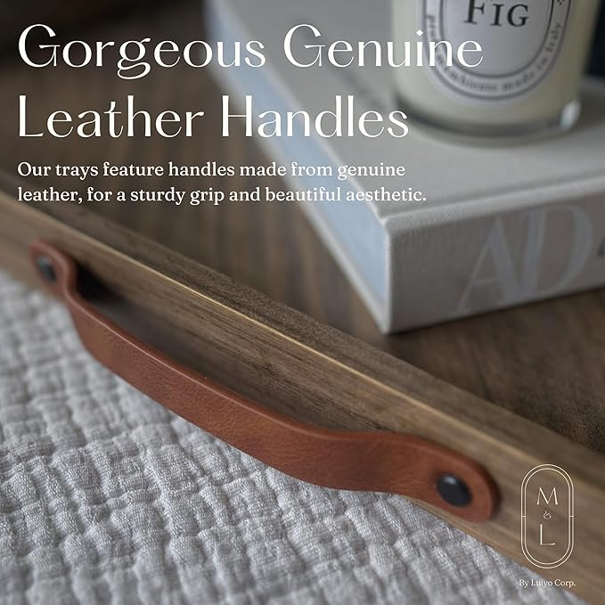 Medium Ottoman Wood Serving Tray- with Leather Handle Decorative Wooden 24 * 16 * 1.5 Inches Square Serving Tray Best for Coffee Table, Living Room and Kitchen