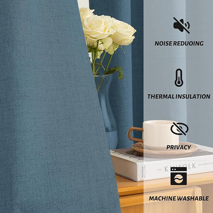 Yakamok Dusty Blue Linen Curtains 100% Blackout 90 Inches Long, Room Darkening - Image 5