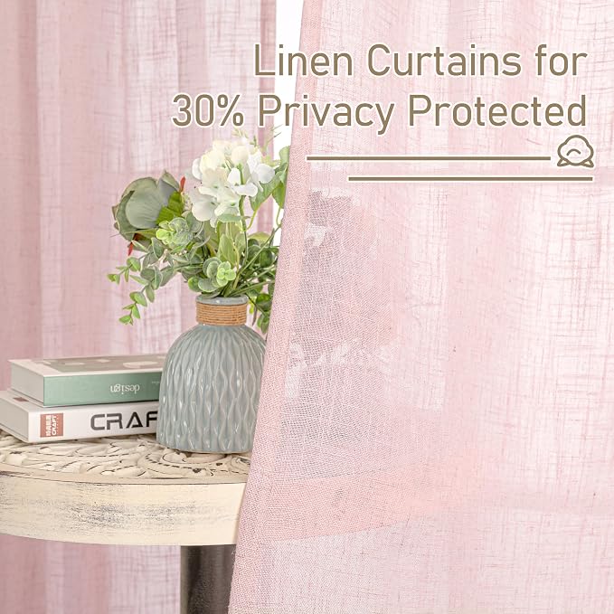 Pink Linen Curtains for Living Room 96 Inch, Light Filtering Panels | Semi Sheer - Image 5