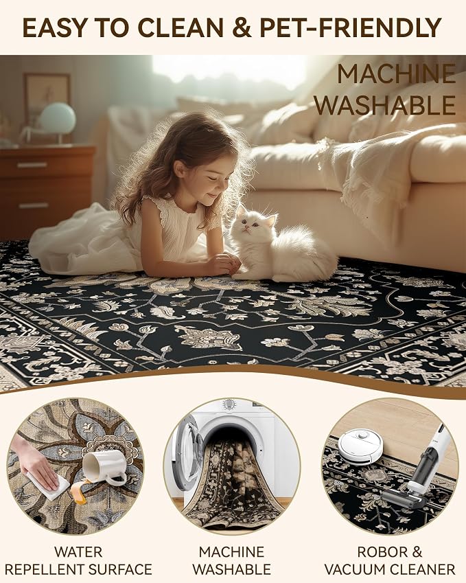 Area Rugs 9'x12' Washable Non-Slip, Floral Vintage Distress Print Pattern - Image 3