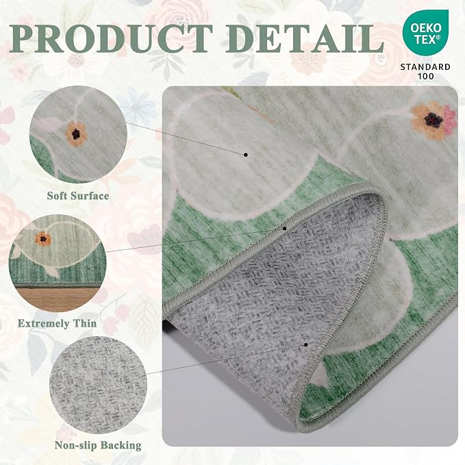 DUKINO 2x10 Runner Rug, Floral Washable Kitchen Runner Rug Non Slip, Low Pile - Image 4
