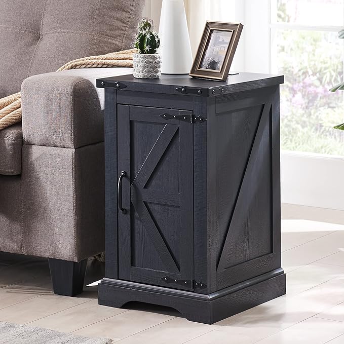 JXQTLINGMU Farmhouse Nightstand Set of 2 with Charging Station, 17" D Rectangular End Table with Barn Door & Adjustable Storage Shelf, Wood Rustic Sofa Side Table for Living Room, Bedroom, Black