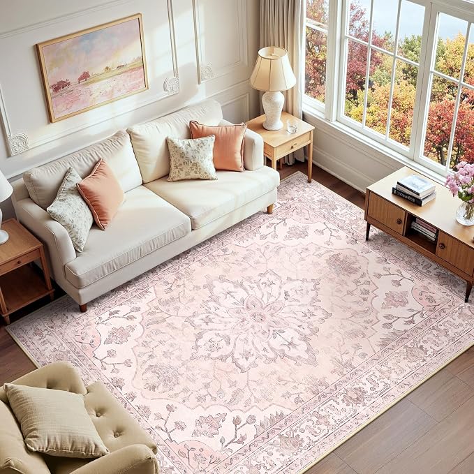 Area Rugs 6'x9' Washable Non-Slip, Floral Vintage Distress Print Pattern by RELEANY