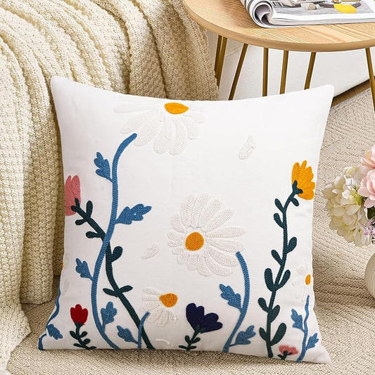 Merrycolor Embroidered Pillow Covers 18x18 Flower Pattern Decorative Throw Pillow Covers Comfortable Cotton Canvas Square Cushion Cases for Sofa Bed Living Room Decor